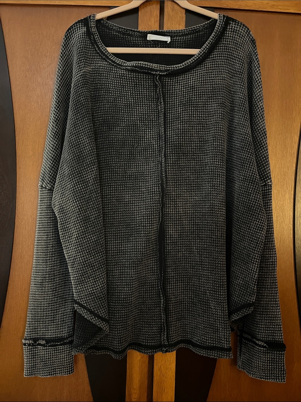 Zenana Relaxed Waffle-Knit Women's Top in Charcoal w/Black Overcast Topstitching